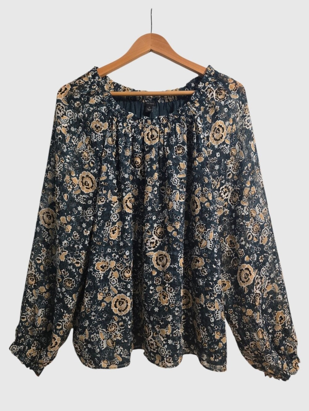 Ann Taylor Peasant Blouse Women's XLarge Green Multi Floral Raglan Chiffon Flowy